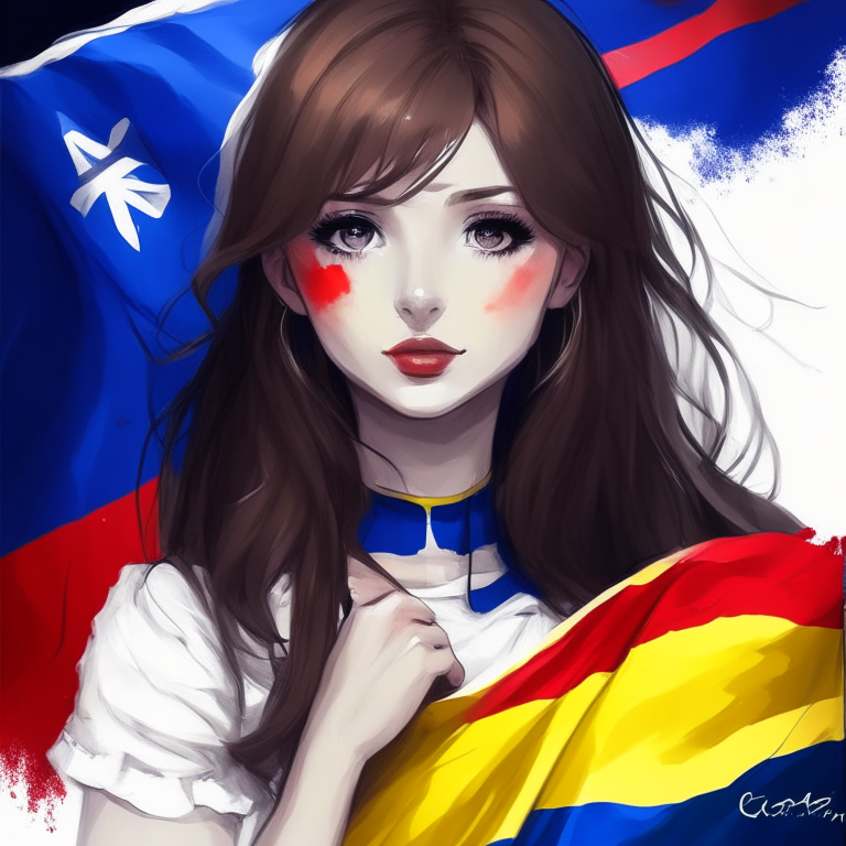 Paint me beautiful Romanian girl  anime, with flag Romania 