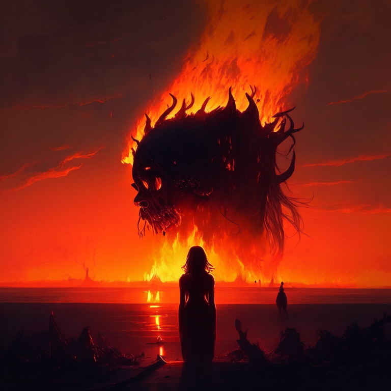 ble sunset , fire,demons,human crying,people dead