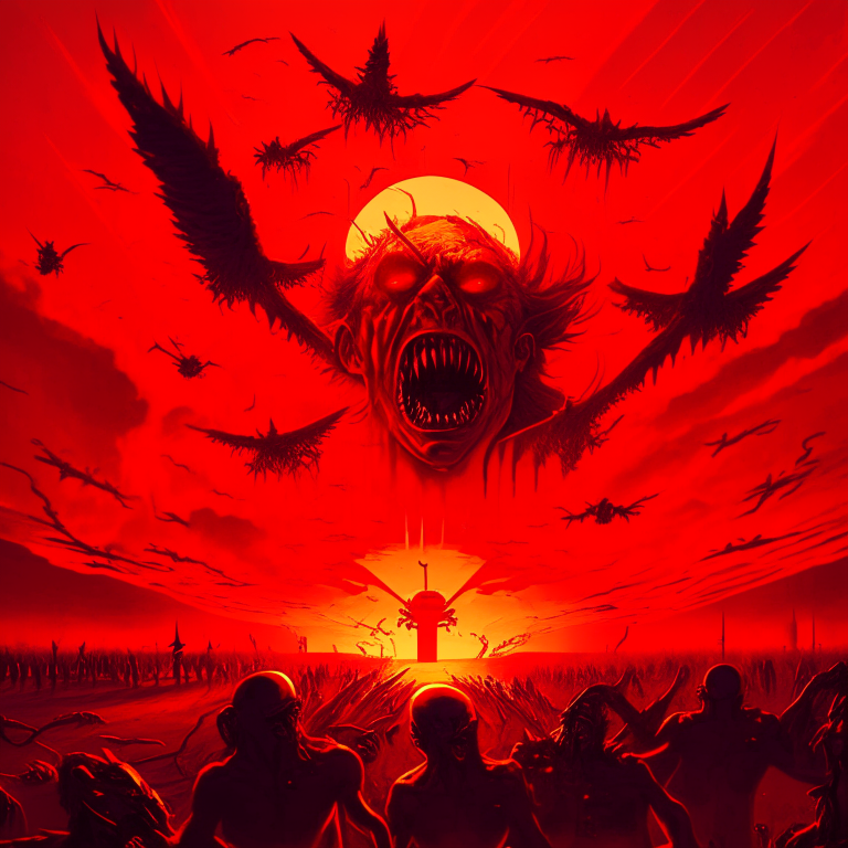 sunset demons,crying,organs flying, all red, militars dying ande people screaming