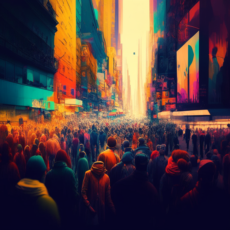 A busy city full of people , colour and light