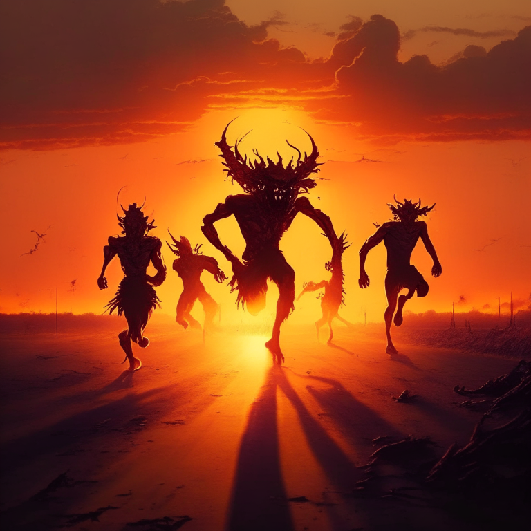 sunset demons, humans running ,saving their lives , humans killing demons