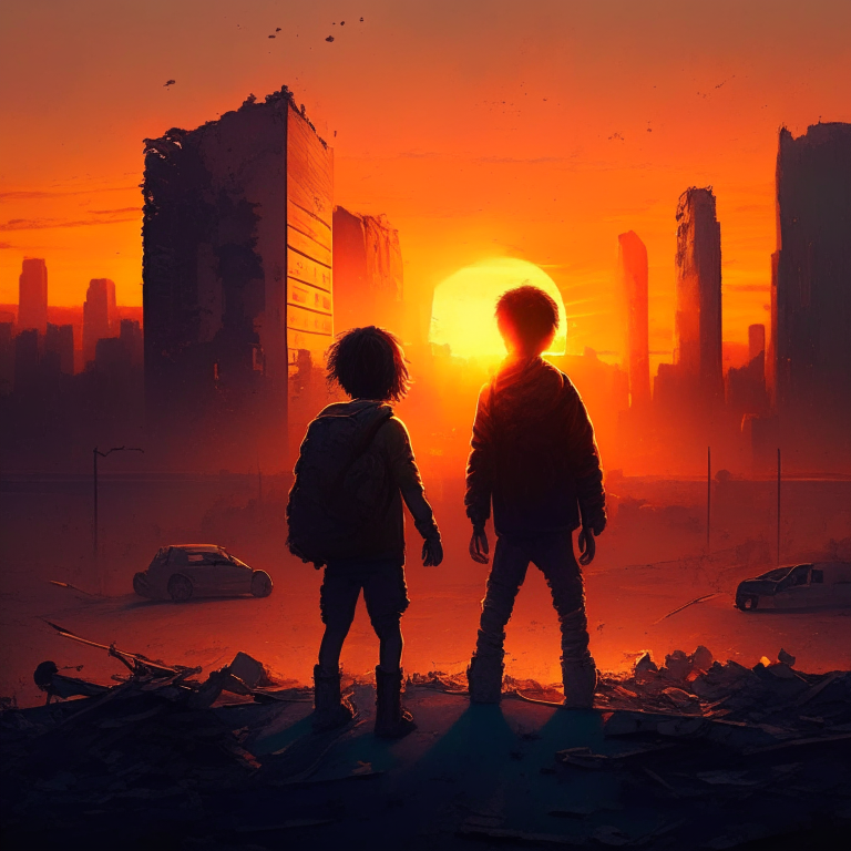 human saving kids, sunset, city destrucion