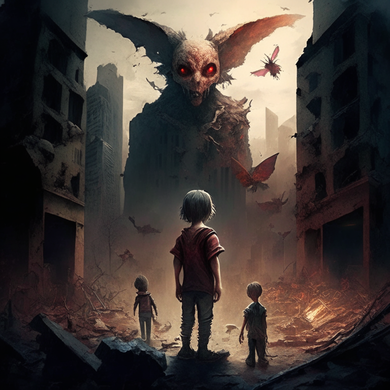 human saving kids, all the city in ruins, demons , suncet, organs