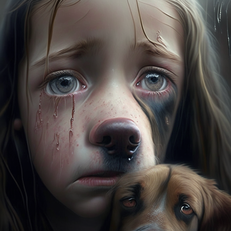 The girl in tears while the dog open its eyes