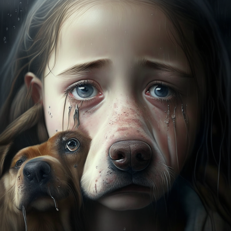The girl in tears while the dog open its eyes