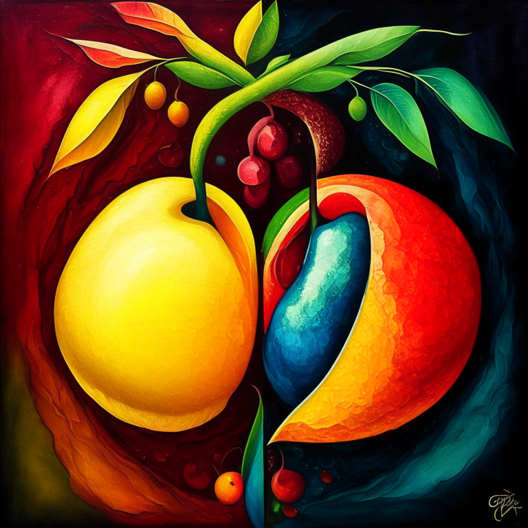 Description: Create a collaborative artwork showcasing the enchanting combination of a mango and a cherry, seamlessly blending their vibrant colors, textures, and symbolism. This joint art piece explores the interplay between the two fruits, symbolizing unity, diversity, and the beauty of unexpected collaborations.

Medium: You can choose any medium that suits your artistic style, such as painting, digital art, sculpture, or mixed media.

Composition Ideas:

Abstraction: Emphasize the contrasting shapes and colors of a mango and a cherry, creating an abstract composition that merges their elements into a harmonious whole.
Still Life: Arrange a mango and a cherry together in an appealing composition, paying attention to the play of light and shadows on their surfaces.
Transformation: Depict a gradual transition from a mango to a cherry or vice versa, blending their features and colors along the way.
Surrealism: Create a surreal scene where a mango tree and a cherry tree intertwine, their fruits merging and growing in unexpected ways.
Collage: Combine real images or illustrations of mangoes and cherries to create a vibrant collage that showcases their visual appeal and diversity.
Conceptual Ideas:

Symbolism of Unity: Highlight the collaboration between the mango and the cherry to represent the coming together of diverse elements, celebrating the strength and beauty that arises from unity.
Cultural Fusion: Infuse elements of different cultures that associate mangoes and cherries, representing the richness of cultural diversity and the delightful blend that emerges from such encounters.
Flavor Explosion: Depict a visual explosion of colors, textures, and flavors, emphasizing the unique characteristics of both fruits and capturing the viewer's imagination with a multisensory experience.
Growth and Transformation: Illustrate the life cycle of the mango and cherry trees, from the blossoming of their flowers to the ripening of their fruits, symbolizing growth, change, and the cyclical nature of existence.