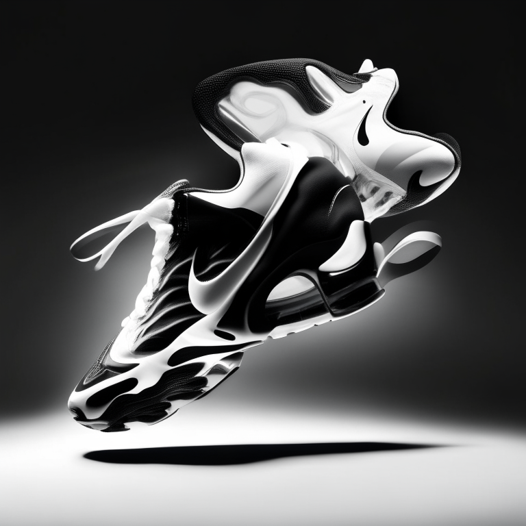 a pair of Nike Air shoes in a dynamic pose, with a black and white color scheme