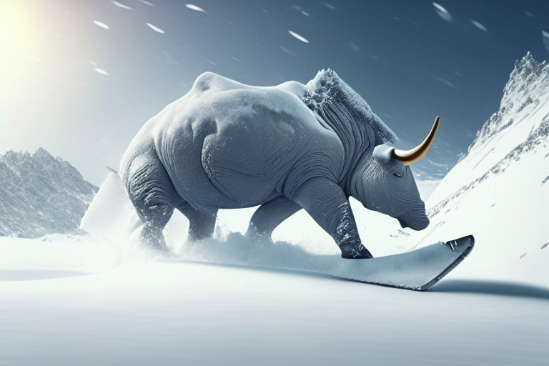 a rhinoceros skiing down a snowy mountain, 4k