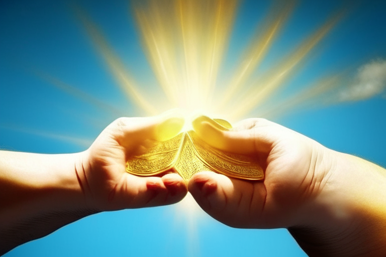 two hands holding money and gold coins. hands holding money and gold coins against a blue sky