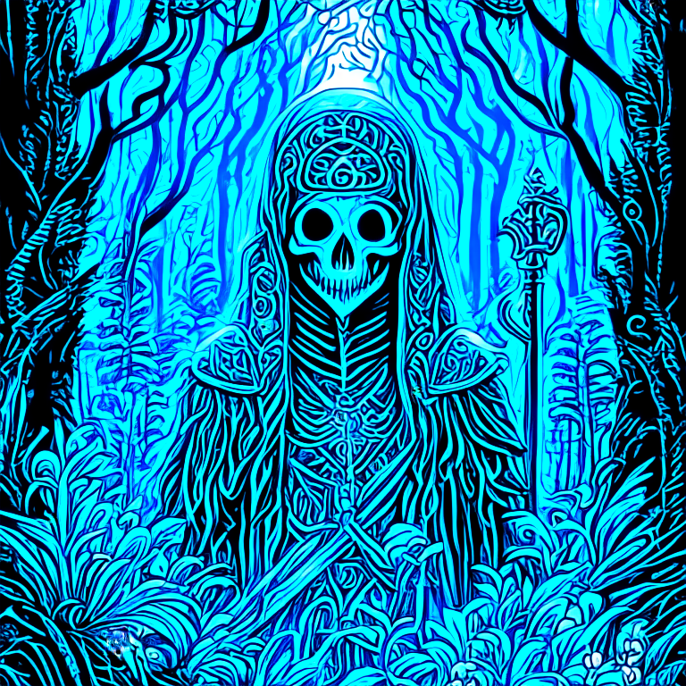 A scary blue ghost in the middle of dark forest.