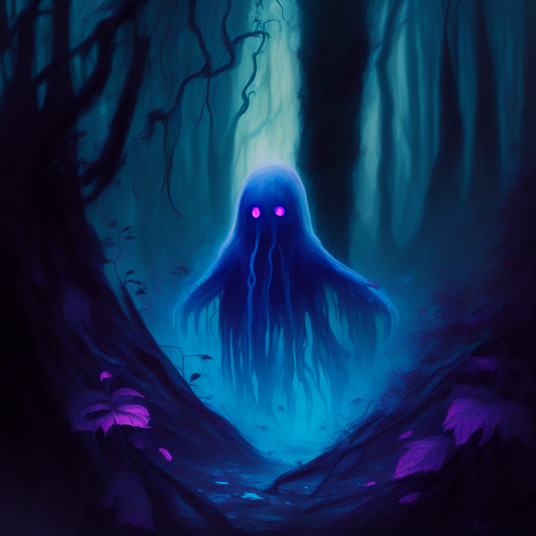 A scary blue ghost in the middle of dark forest.