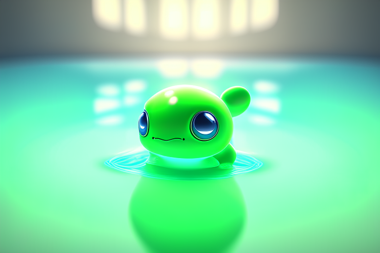 A cute green alien pokemon in the middle of pool.