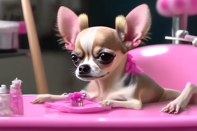 a Chihuahua getting her nails polished at a pet salon, with a pink bow on her head, 4k