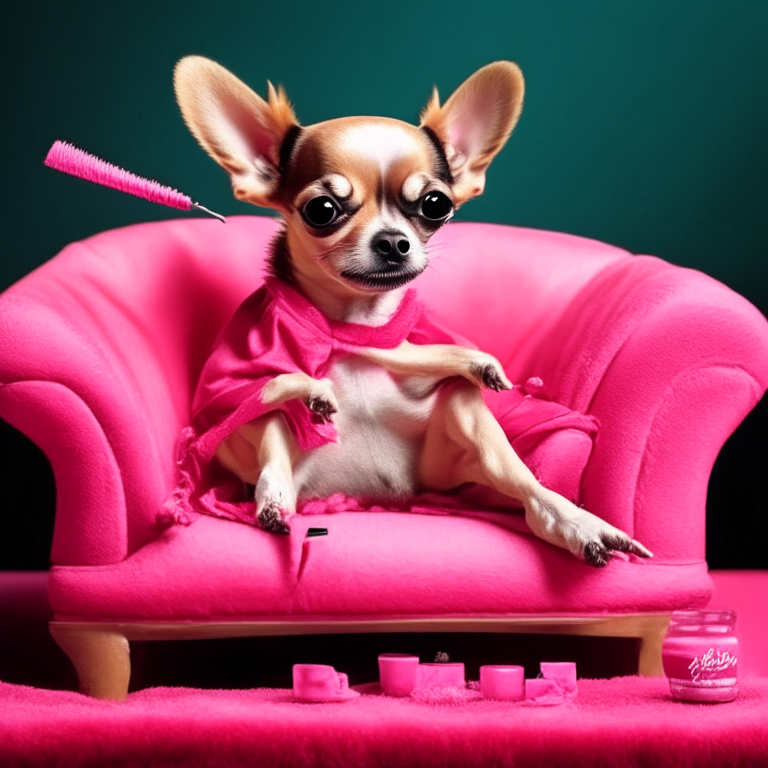 a Chihuahua getting her nails painted red, sitting on a pink cushion, with a paw in the air