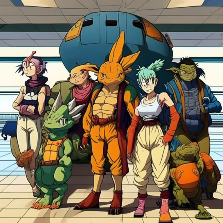 Kame , Tienshinran , Chaos , Bulma , Turtle , Pual , Oolong ,  Yamcha , AND Other Characthers At The Airport