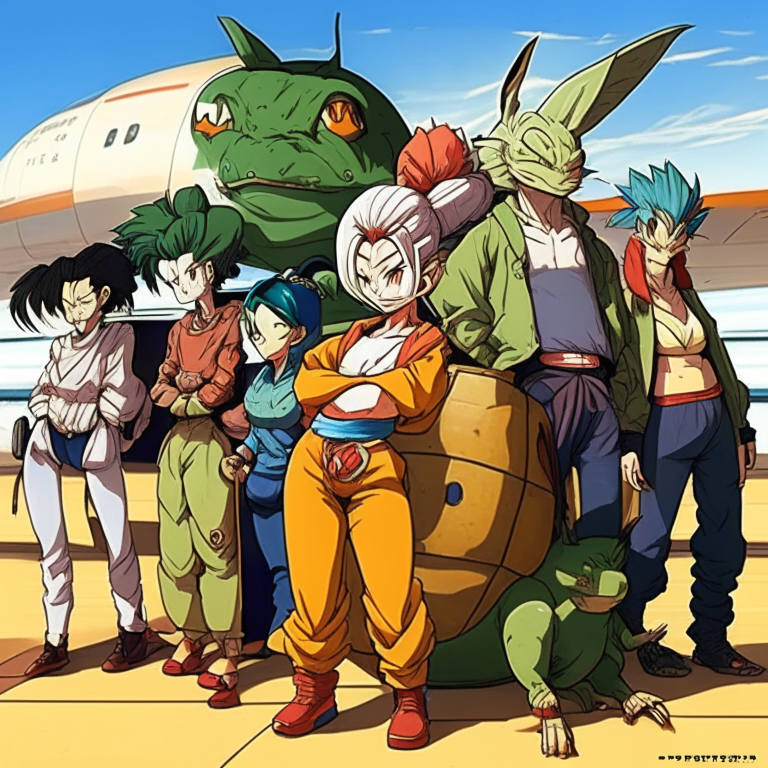 Kame , Tienshinran , Chaos , Bulma , Turtle , Pual , Oolong ,  Yamcha ,  from Dragón Ball AND Other Characthers At The Airport