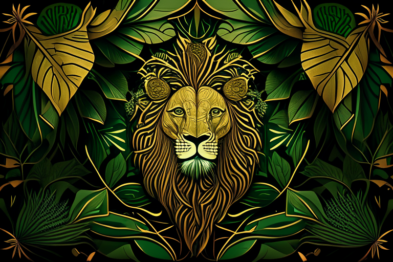 a lion in a jungle pattern with plants writhing around it gently