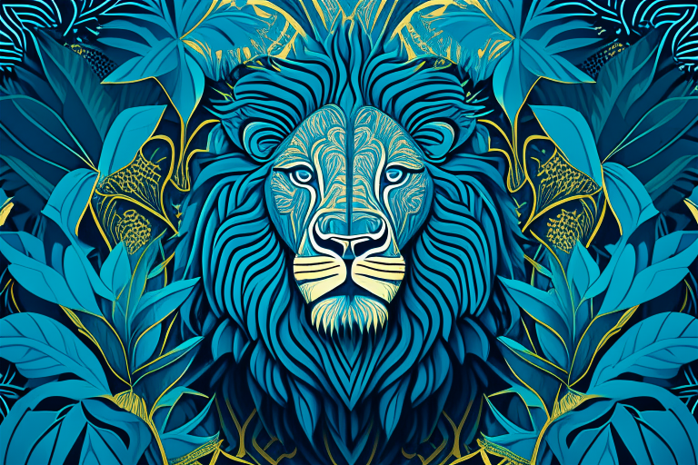 a lion in a jungle pattern with a blue background and a symmetrical design