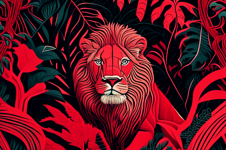 a lion in a jungle pattern with a red background and a textile installation design