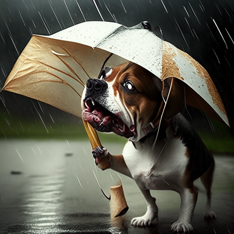 Dog biting umbrella