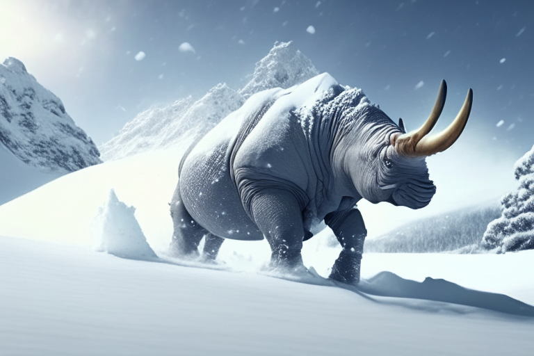 a rhinoceros skiing down a snowy mountain, 4k