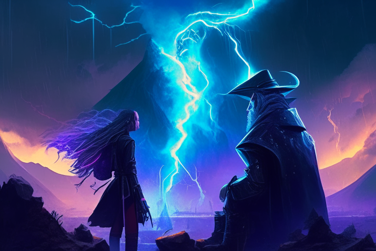 a cyberpunk woman and a wizard meeting under a volcano with lightning in the sky