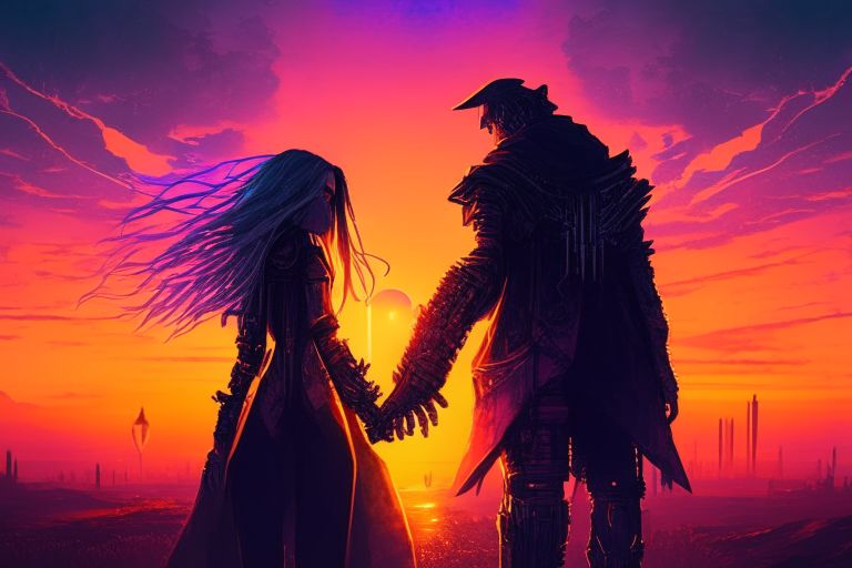 a cyberpunk woman and a wizard holding hands in front of a sunset