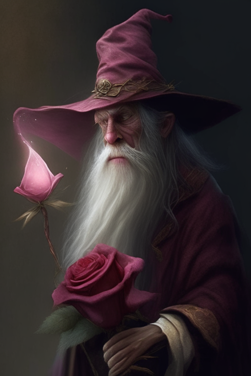 a romantic wizard with a rose in his hand