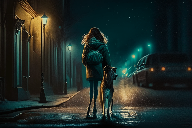 a woman walking a dog down a street at night