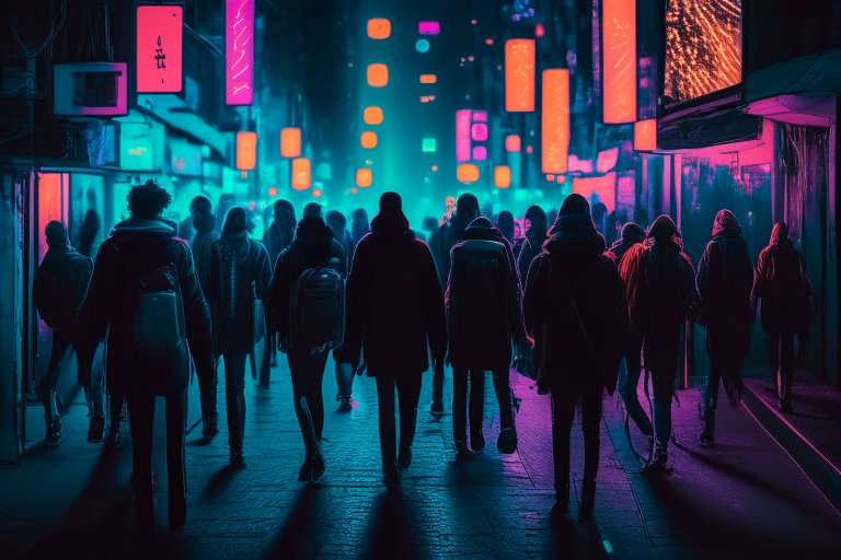 a crowd of people walking down a street at night with neon lights
