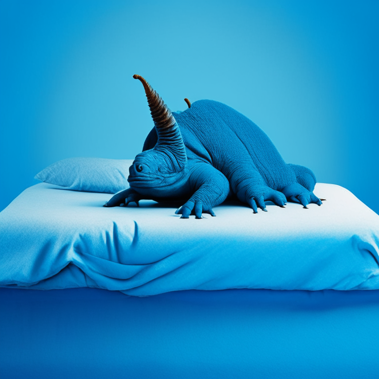 a weird looking animal laying on top of a bed with a blue background