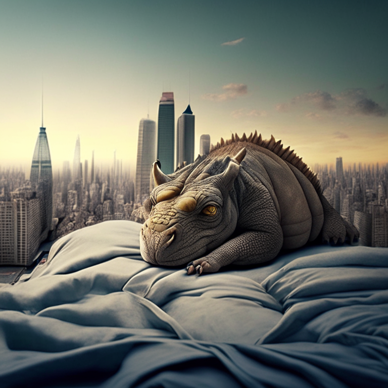 a weird looking animal laying on top of a bed with a cityscape background