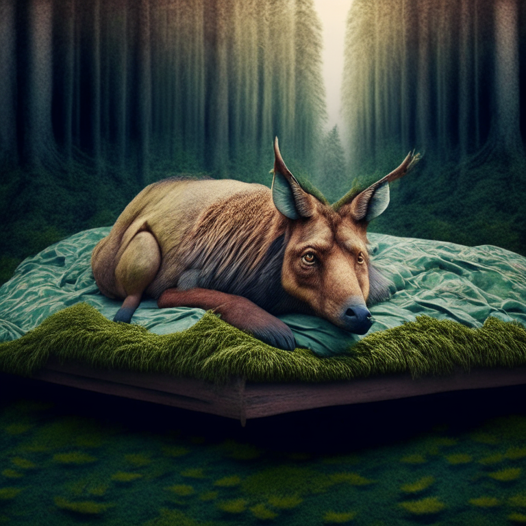 a weird looking animal laying on top of a bed with a forest background