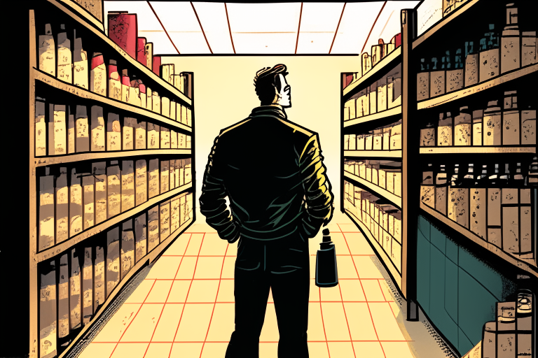 a man standing in a supermarket with a view of the shelves of the department with juice and wine, facing in our direction, in the style of comics