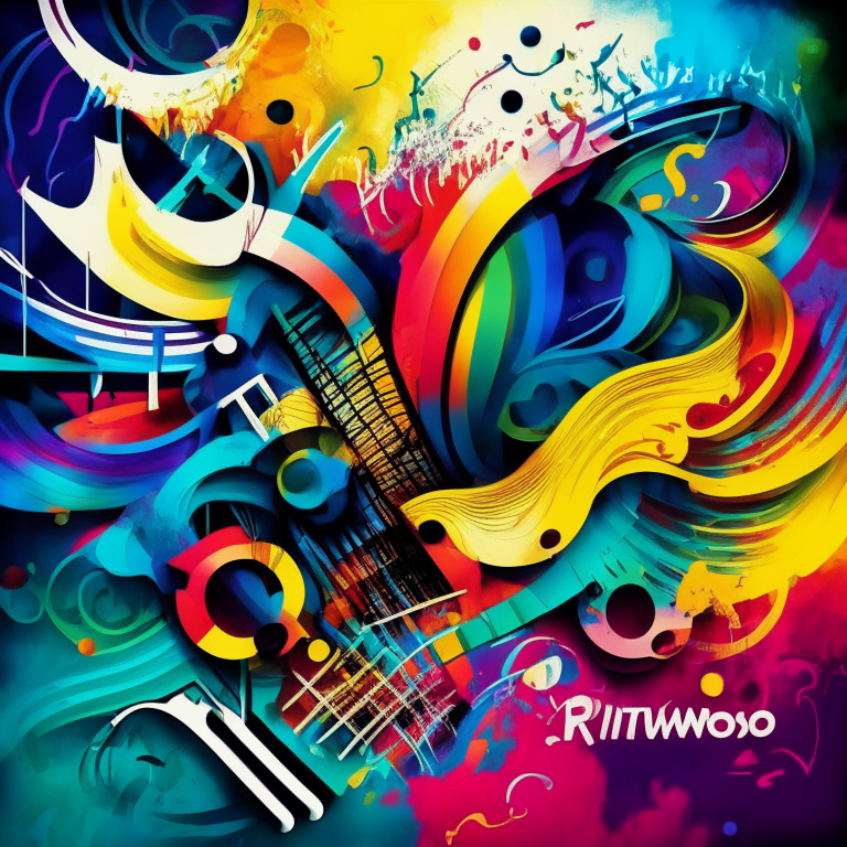 A colorful abstract background with musical notes and instruments, with the name 'Ritmos del viento' in the center