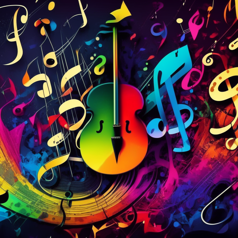 A colorful abstract background with musical notes and instruments