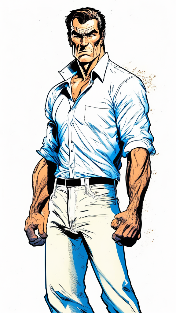 a man facing us, 52 years old, dressed in a white shirt and blue jeans, with a white background, in the style of a comic book with bold outlines and bright colors