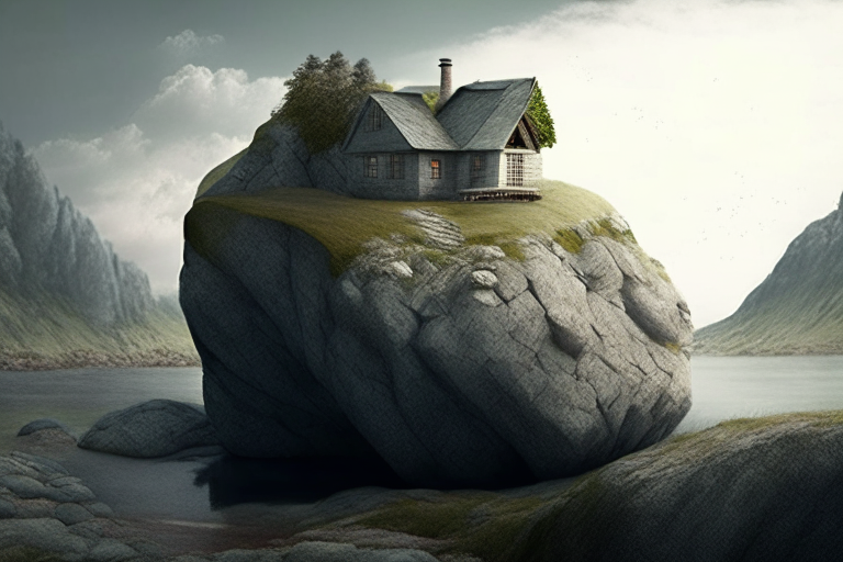 realistic house over a rock  in the landscape