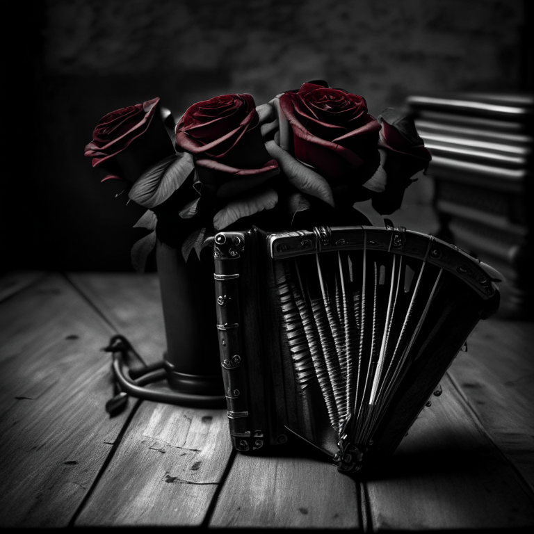 A black and white image of a bandoneon with a red rose on top, on a wooden table