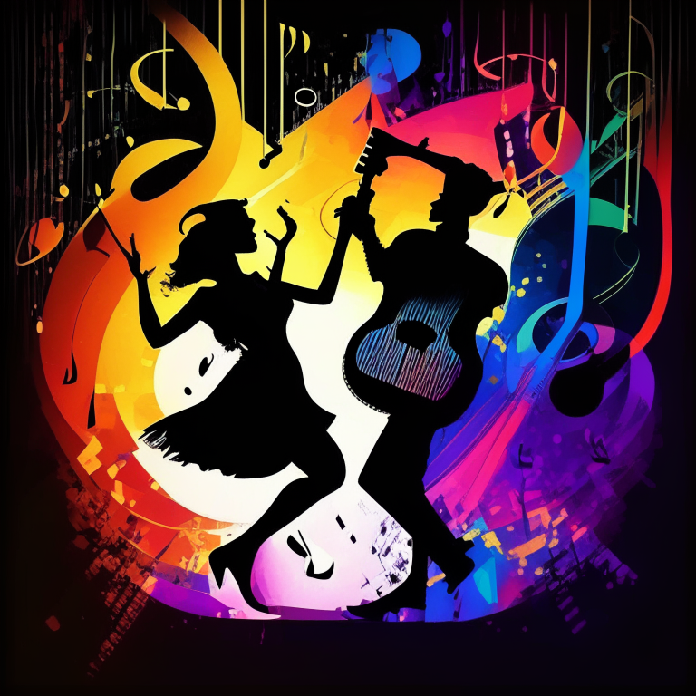 A colorful abstract background with musical notes and instruments, with a silhouette of a couple dancing tango in the foreground