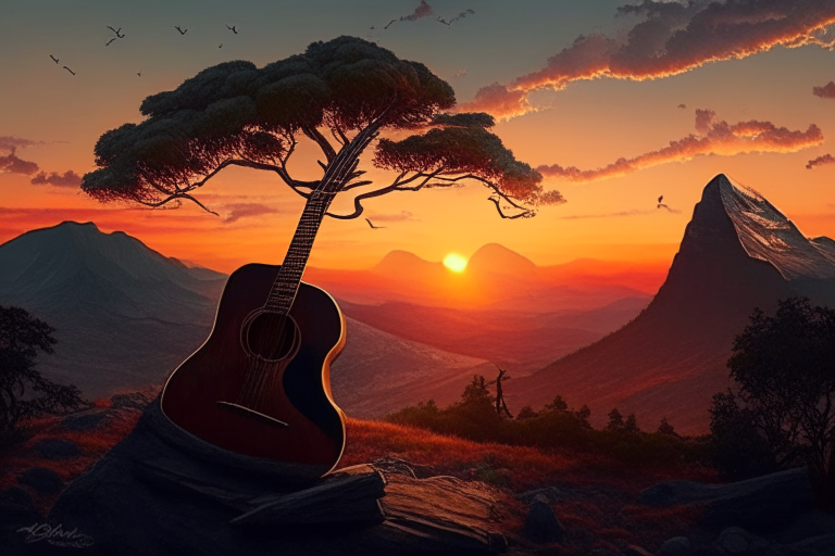 A landscape with a sunset over the mountains, with a guitar and a charango leaning against a tree