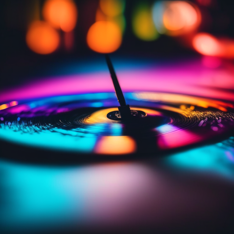 A close-up of a vinyl record with a stylus on it, with a blurred background of colorful lights