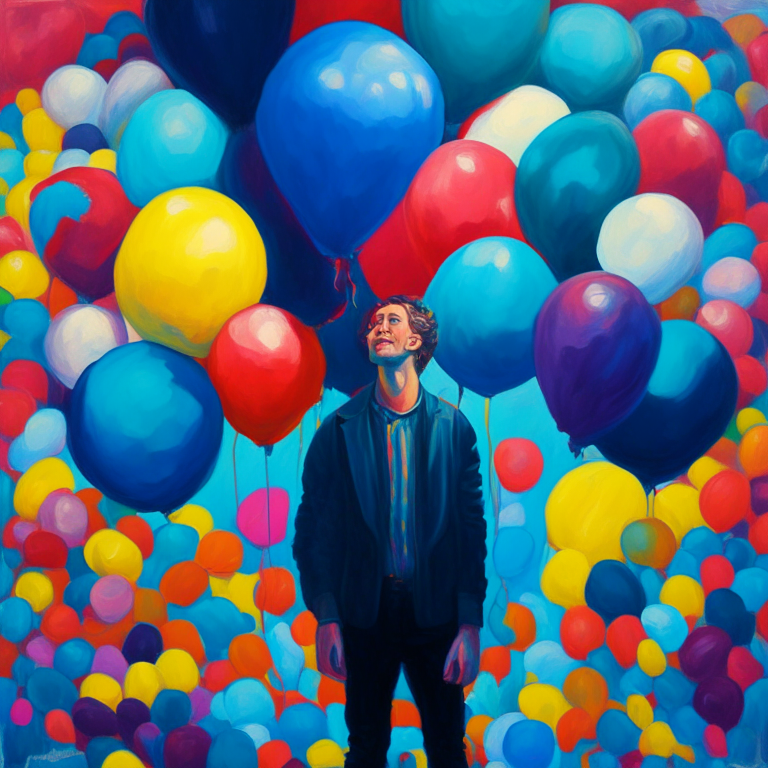 A painting of a man surrounded by colorful balloons on a blue background