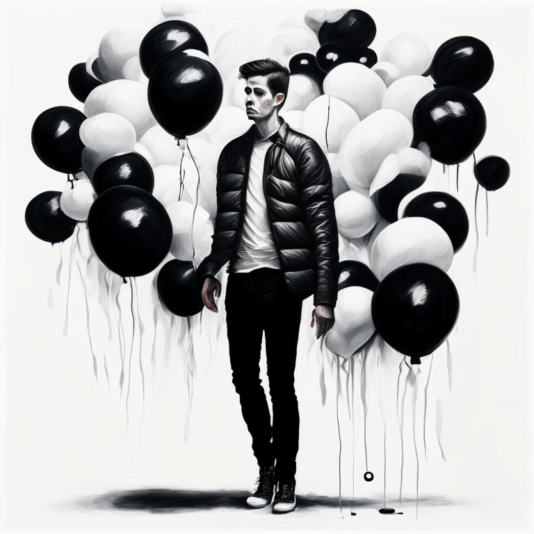 A painting of a man surrounded by black and white balloons on a white background