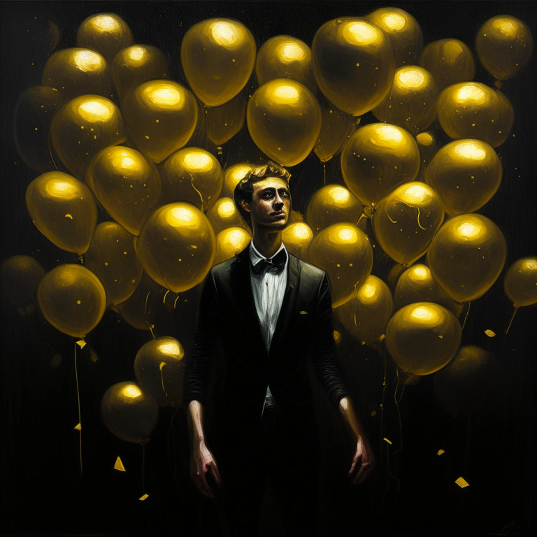 A painting of a man surrounded by golden balloons on a black background