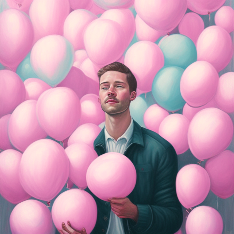 A painting of a man surrounded by pastel-colored balloons on a pink background