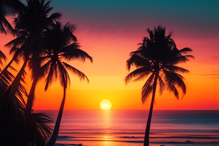 a beautiful sunset over the ocean with palm trees in the foreground