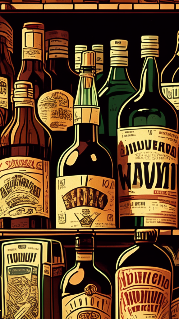 a retro American comic style close-up of a supermarket shelf with bottles of wine and whiskey, with a focus on the whiskey bottles