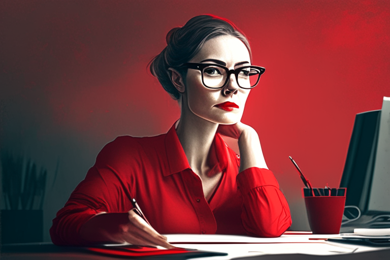 a woman wearing glasses and a red top, sitting at a desk in an office, with a pleasant gaze and shoulders forward