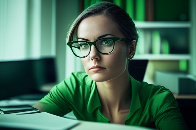 a woman wearing glasses and a green top, sitting at a desk in an office, with a pleasant gaze and shoulders forward, edited to look like the uploaded image